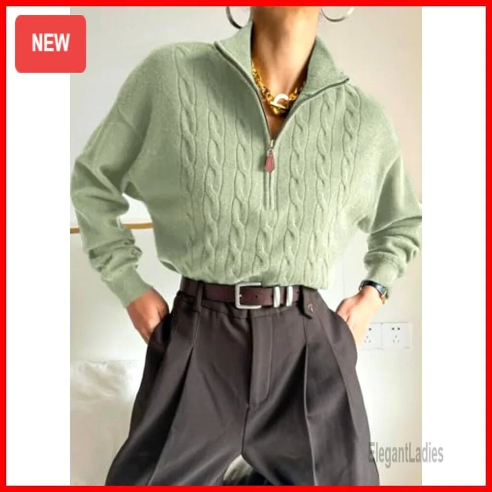 Quarter Zip Ribbed Cable Knit Pullover Sweater Casual Winter Wear